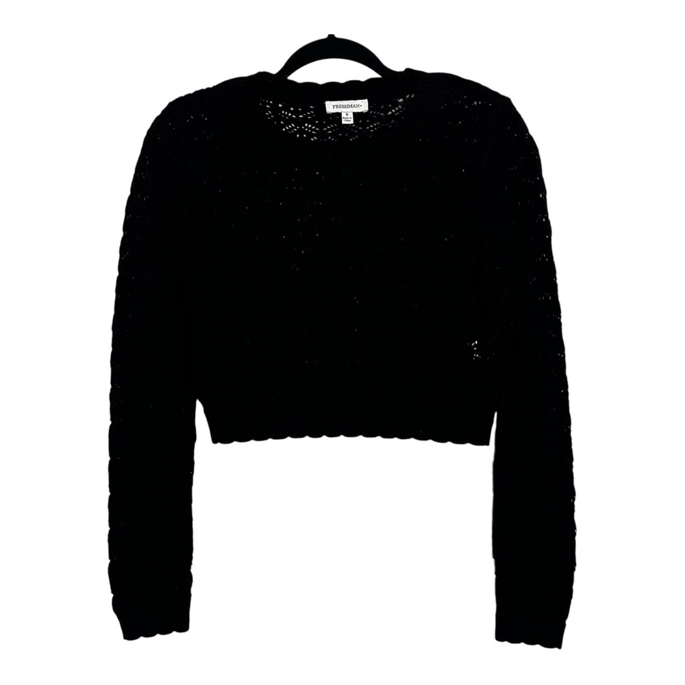 Freshman Womens Black Pointelle Knit Cropped Sweater‎ Long Sleeve Crew Neck S